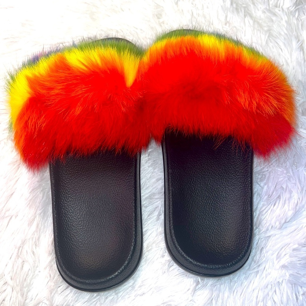 Rainbow faux fur slides size 8 and 8.5  brand new - Picture 3 of 5